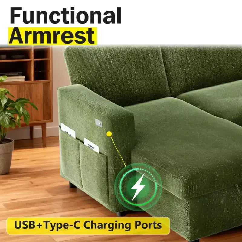 2-in-1-Ausziehsofa mit Stauraum und Ottomane, Chenille-Ecksofa mit USB-Anschlüssen für das Wohnzimmer