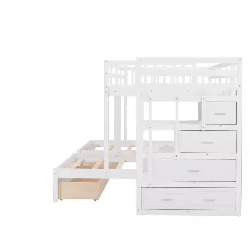 Whisen Full Over Twin & Twin Bunk Bed, Wood Triple Bunk Bed with Drawers and Guardrails