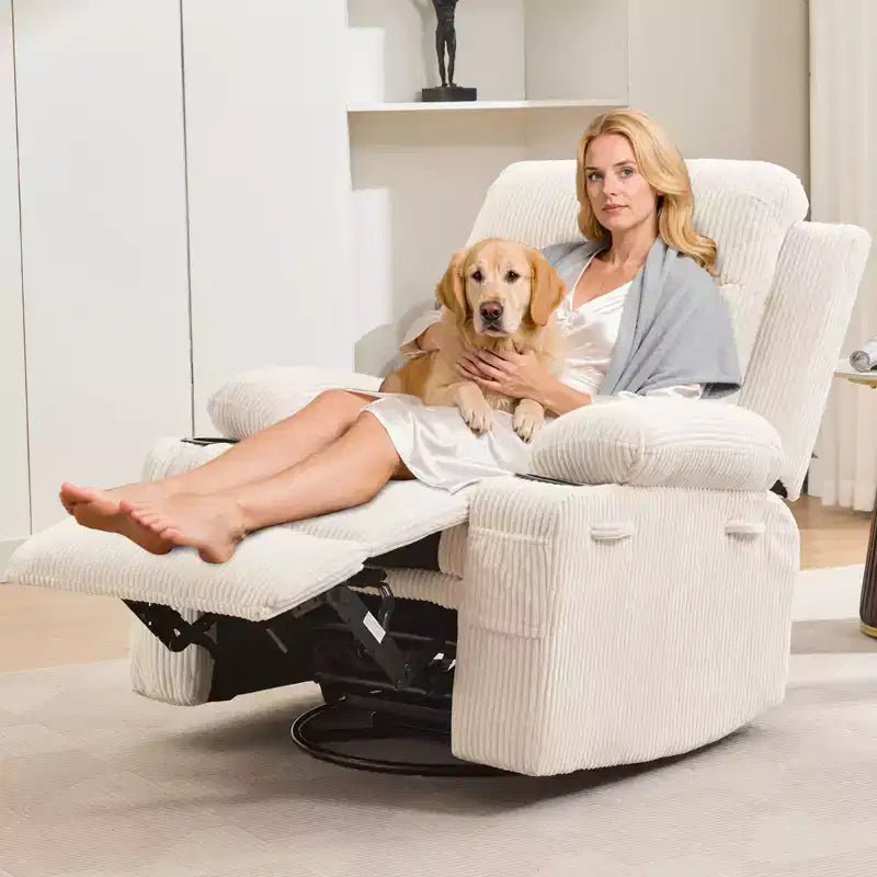 Draaibare relaxfauteuil met massage en warmte, 360°-schommelstoel met bekerhouders en zijvakken, ergonomische loungestoel voor woonkamer, camper en babykamer
