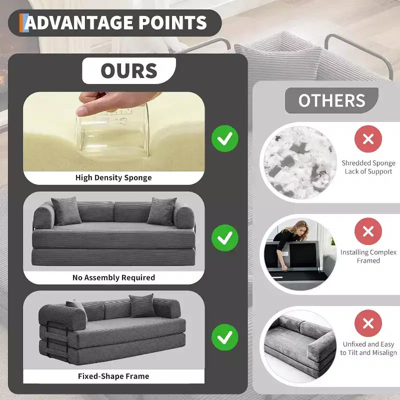 2-in-1-Schlafsofa, bequemes klappbares Cordsofa mit tiefer Sitzfläche und breiten Armlehnen, rahmenloses Sofa für Wohnzimmer und Wohnungen