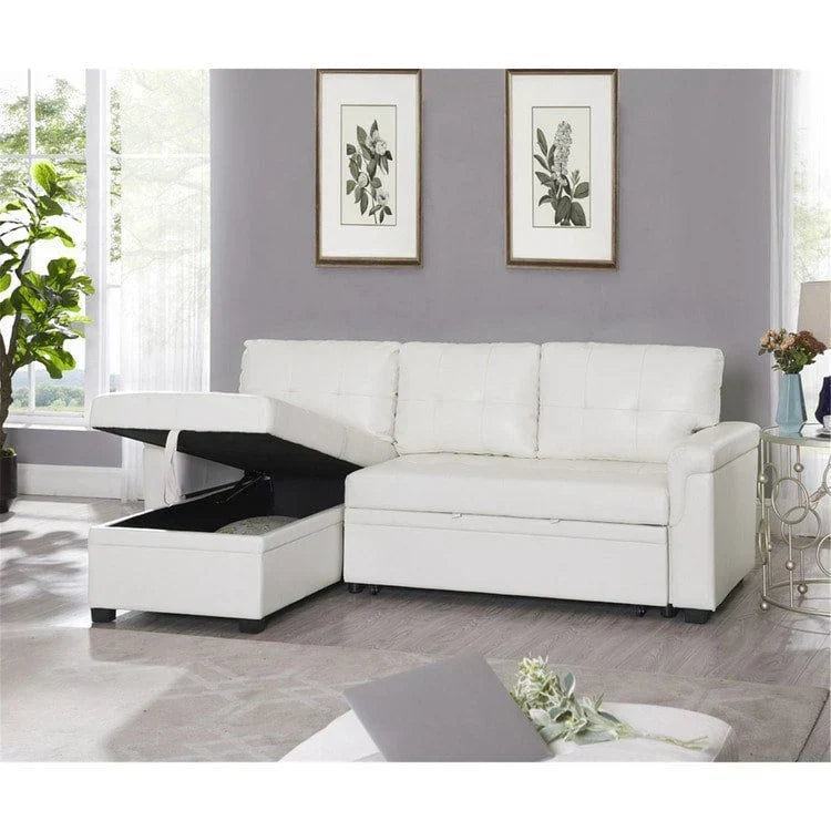Divano componibile reversibile trasformabile con letto estraibile, chaise longue con contenitore nascosto e gambe resistenti