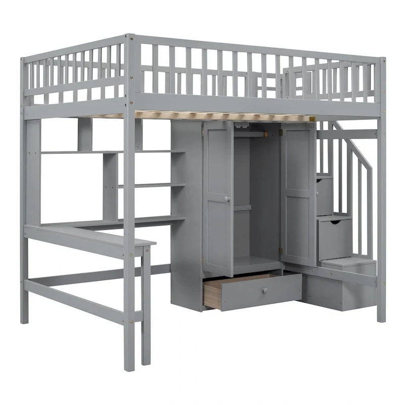 Full Pine Loft Bed with Desk and Storage