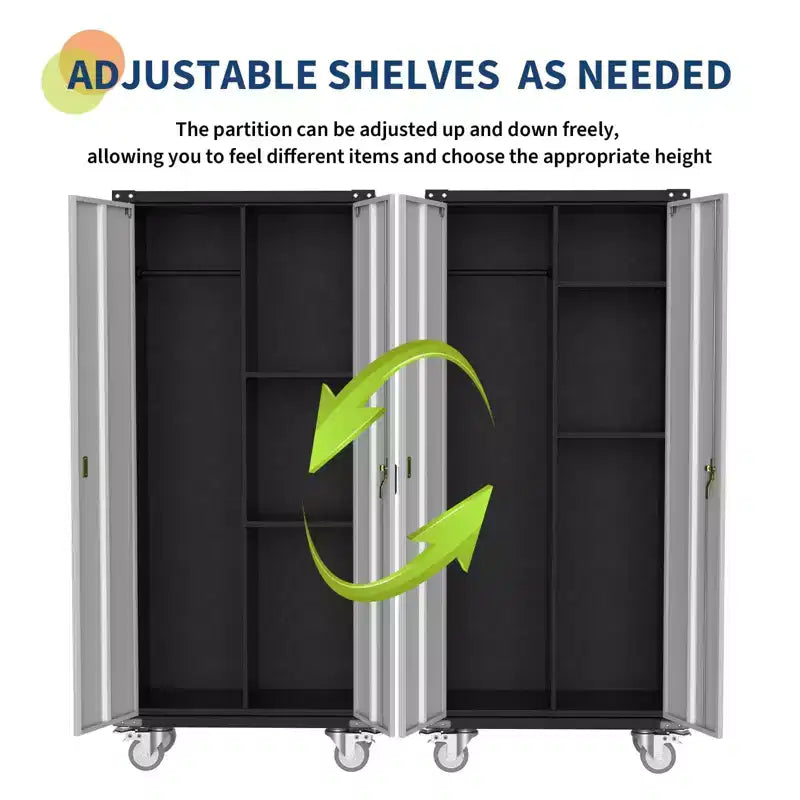 Garage Storage Cabinet with Wheels & Pegboard, 72 H Locking Metal Storage Cabinet with 2 Doors & 4 Adjustable Shelves for Garage Workshop