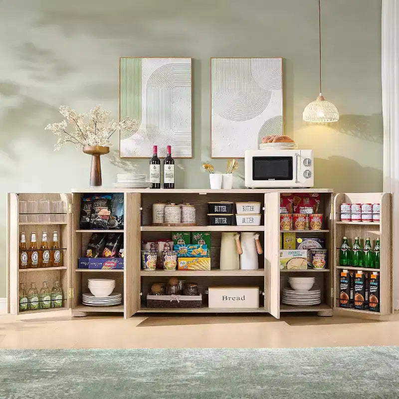 Kitchen Buffet Sideboard Cabinet with 4 Doors and Shelves, Modern Large Sideboard Buffet Storage Cabinet, 66 Coffee Bar Storage Cabinet