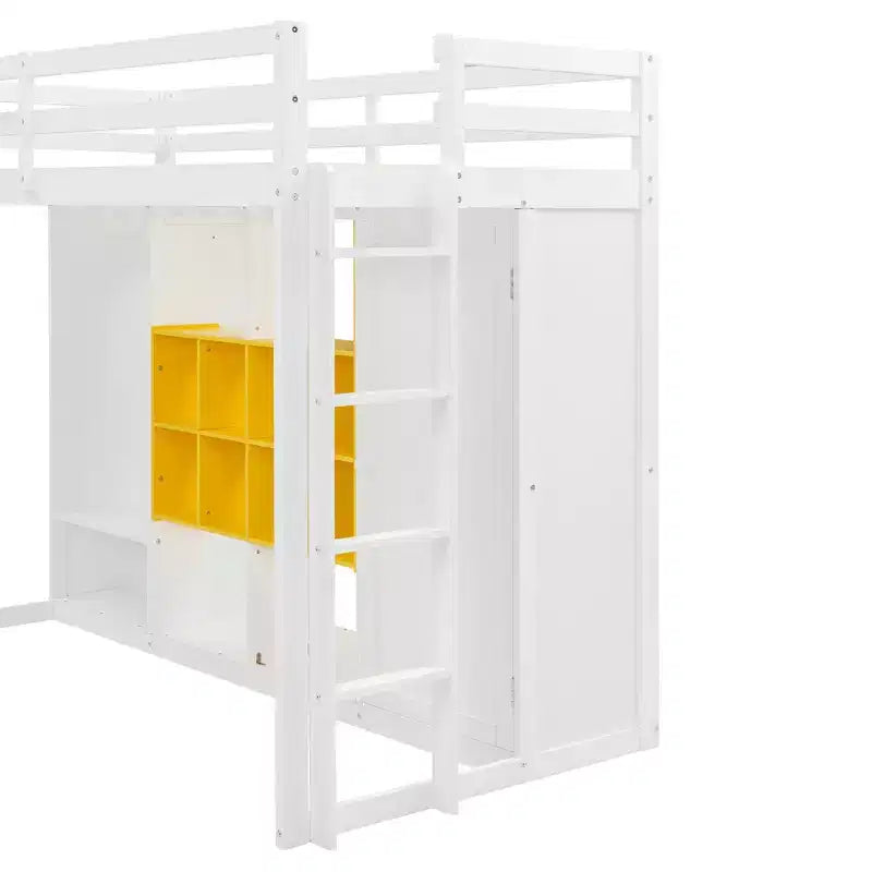 Letto a soppalco per bambini con armadio e mensole, struttura letto a soppalco in legno con mobile contenitore per bambini e ragazzi