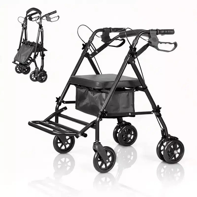 Silla de ruedas portátil plegable para adultos, capacidad de 299 lb, 6 ruedas, altura ajustable, almacenamiento bajo el asiento, asiento cómodo y reposapiés