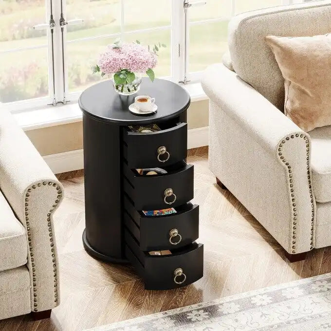 No Assembly Solid Wood End Table, Vintage Round Side Drawers Table
