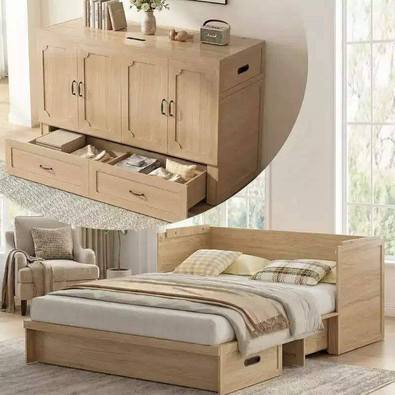 Mjkone Queen Size Convertible Murphy Cabinet Bed with Mattress, USB Charging, Storage Drawers