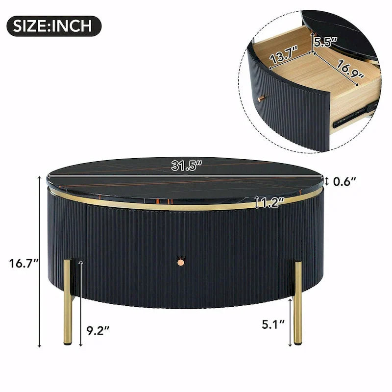 31.5 Modern Round Coffee Table with Large Drawer Storage