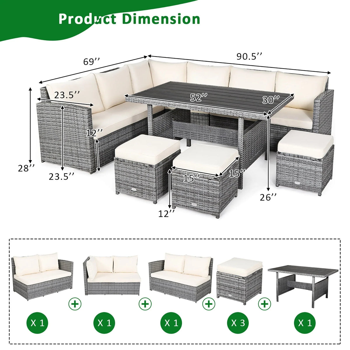 Costway 7-delige eethoek voor de patio van rotan, modulaire bank, fauteuil en voetenbank - Bekijk de details