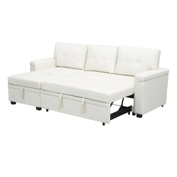 Divano componibile reversibile trasformabile con letto estraibile, chaise longue con contenitore nascosto e gambe resistenti