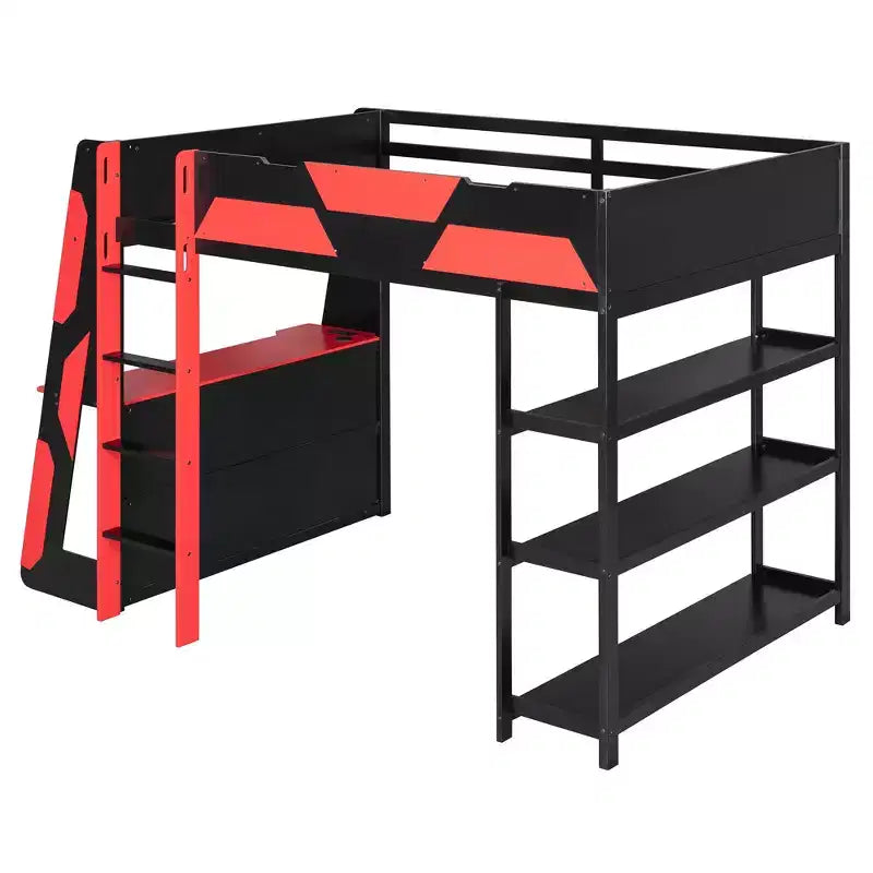 Luxystar großes Gaming-Hochbett mit Schreibtisch, Stauraumregalen und Beleuchtung