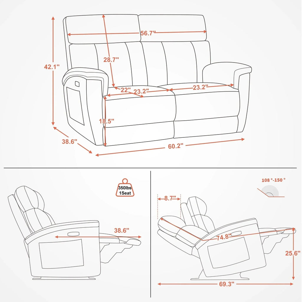 MCombo 60.2 Power Loveseat Recliner Sofa with Massage and Dual Heating, Adjustable Headrest, USB & Type C Port, Fabric