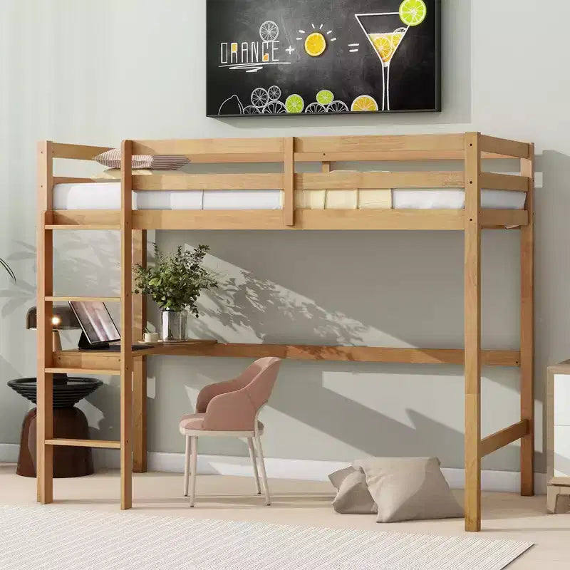 Okak Minimalism Loft Bed with Ladder, Rubber Wood Twin Loft Bed with Safety Guardrail and Build-In Desk, Bed Frames for Kids, Teenagers
