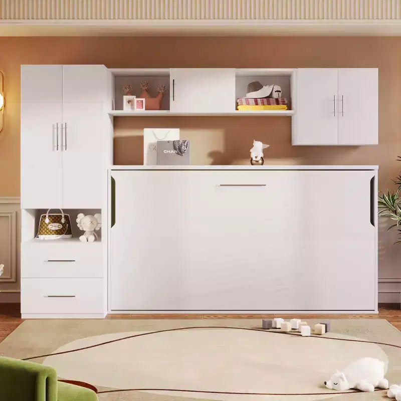 Lit escamotable mural une place, cadre en bois avec armoire intégrée, tiroirs de rangement et étagères ouvertes, blanc -ModernLuxe