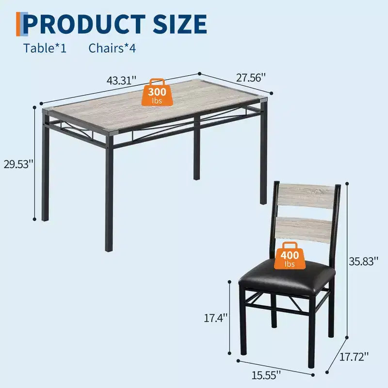 Eettafelset voor 4 personen met 4 gestoffeerde stoelen, houten keukeneettafelset van 5 delen met hoekbescherming voor keuken, appartement en kleine ruimtes