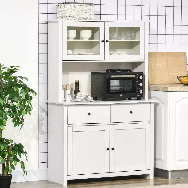 HOMCOM 63.5 Kitchen Buffet with Hutch, Pantry Storage Cabinet with 4 Shelves, Drawers, Framed Glass Doors, Open Microwave Countertop