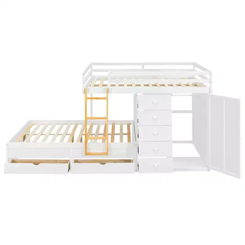 Full over Full Bunk Bed with Storage Wardrobe and Drawers, Full Size Wood Space-Saving Bunk Bed with Guardrail for Apartment, Bedroom