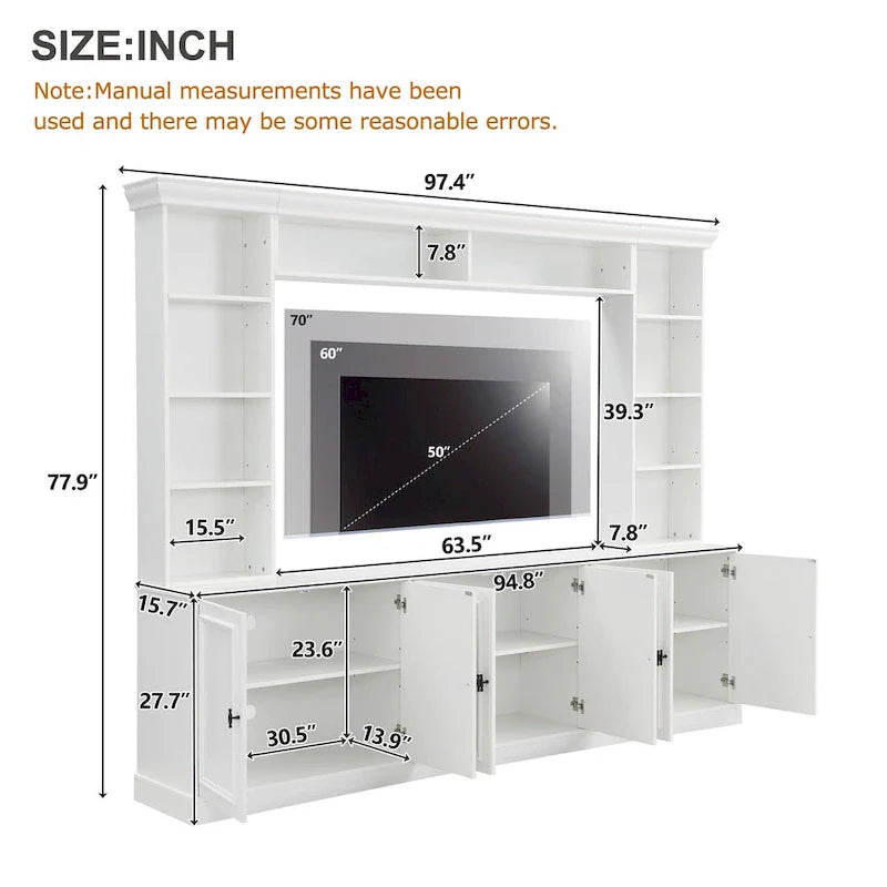 4-teiliges Entertainment-Center-Wandmöbelset mit Brücke für Fernseher bis 70 Zoll, TV-Ständer mit verstellbaren Regalböden, große Medienkonsole