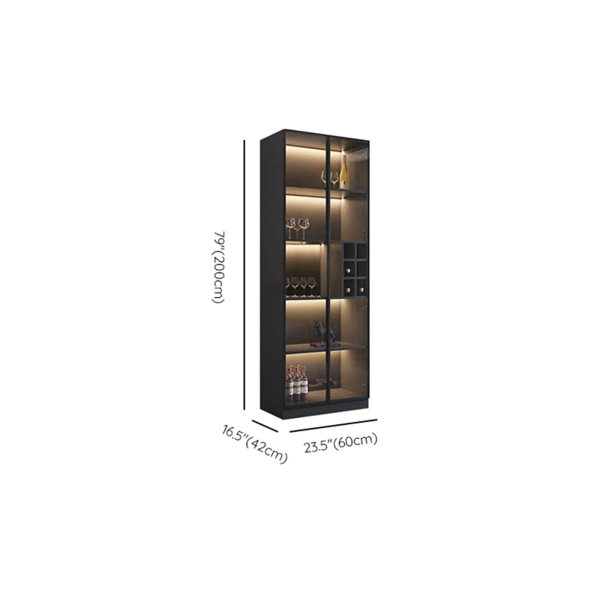 Minimalistischer schwarzer Weinschrank aus Holz mit Glastür