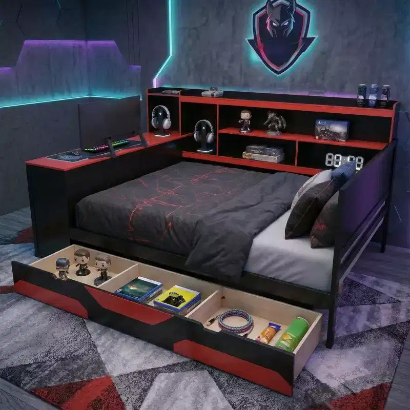 Gamer-hubbedbank met bureau, RGB-verlichting, laadstation, opberglades en boekenkast-hoofdbord