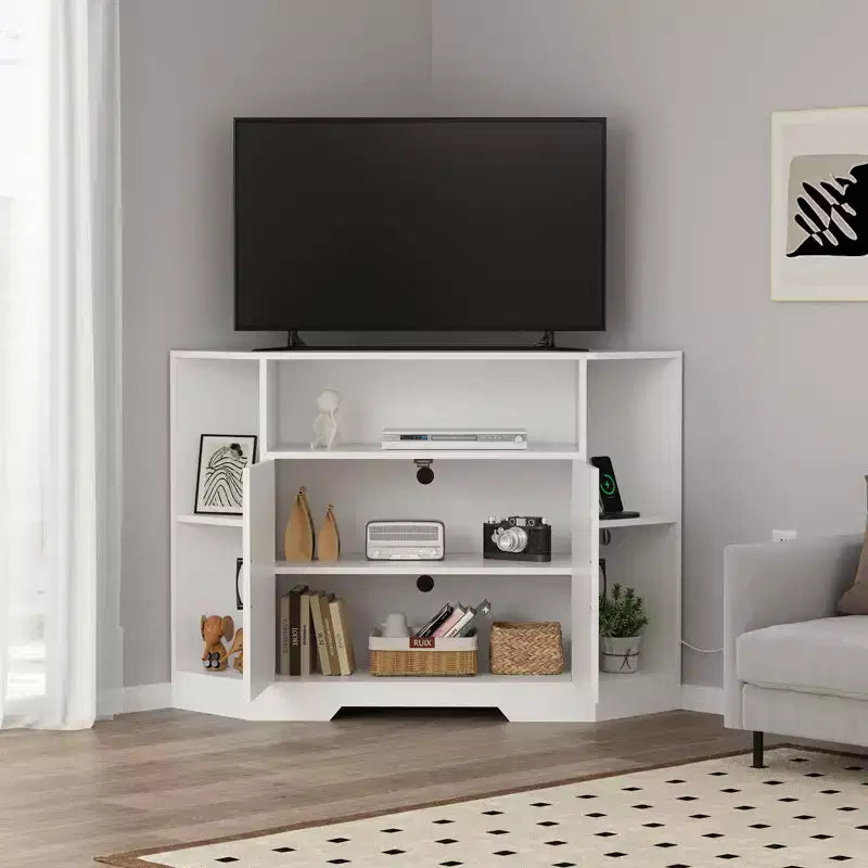 Mueble de TV de esquina para televisores de hasta 55 pulgadas, consola multimedia estilo granja con puerta de granero, estantes abiertos y gabinete de almacenamiento, blanco