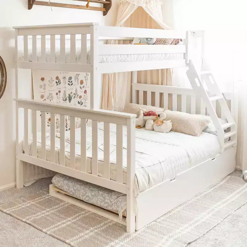 Letto a castello Max & Lily in legno massello, singolo sopra matrimoniale con letto estraibile contenitore e scaletta per bambini