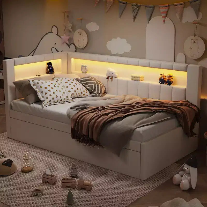 Twin/Full Daybed with Trundle and L-Shaped Bookshelf Headboard, Linen Upholstered Soft Corner Bed with Storage Shelves and LED Belt