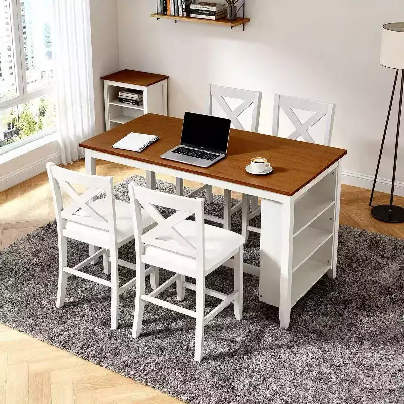 Homy Casa 5-delige eettafel- en stoelenset op aanrechthoogte met opbergplanken, wit en walnoot, moderne landelijke stijl