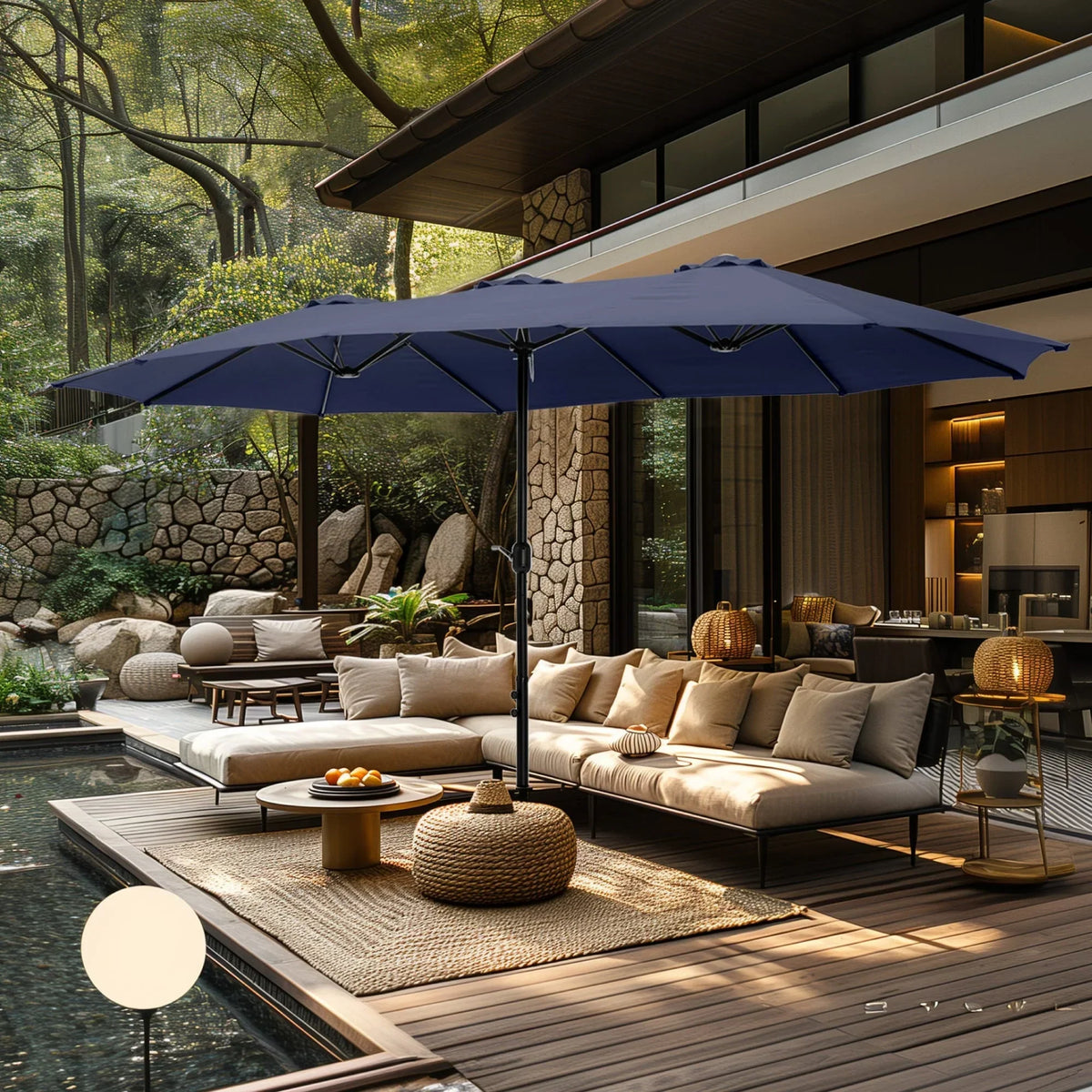 MAISON ARTS dubbele parasol voor terras, 15 ft, extra groot, tweepersoons, inclusief voet