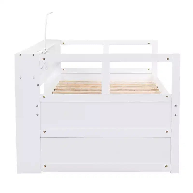 Whisen Twin XL Wood Daybed with 2 Trundles, 3 Storage Cubbies, 1 Light for Free and USB Charging Design