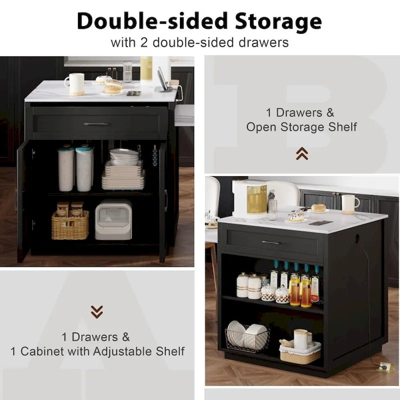82.7 Wooden 4-6 Person Kitchen Island with Extendable Dining Table and Double-sized Storage