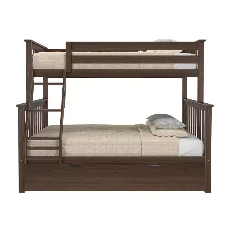 Letto a castello Max & Lily in legno massello, singolo sopra matrimoniale con letto estraibile contenitore e scaletta per bambini