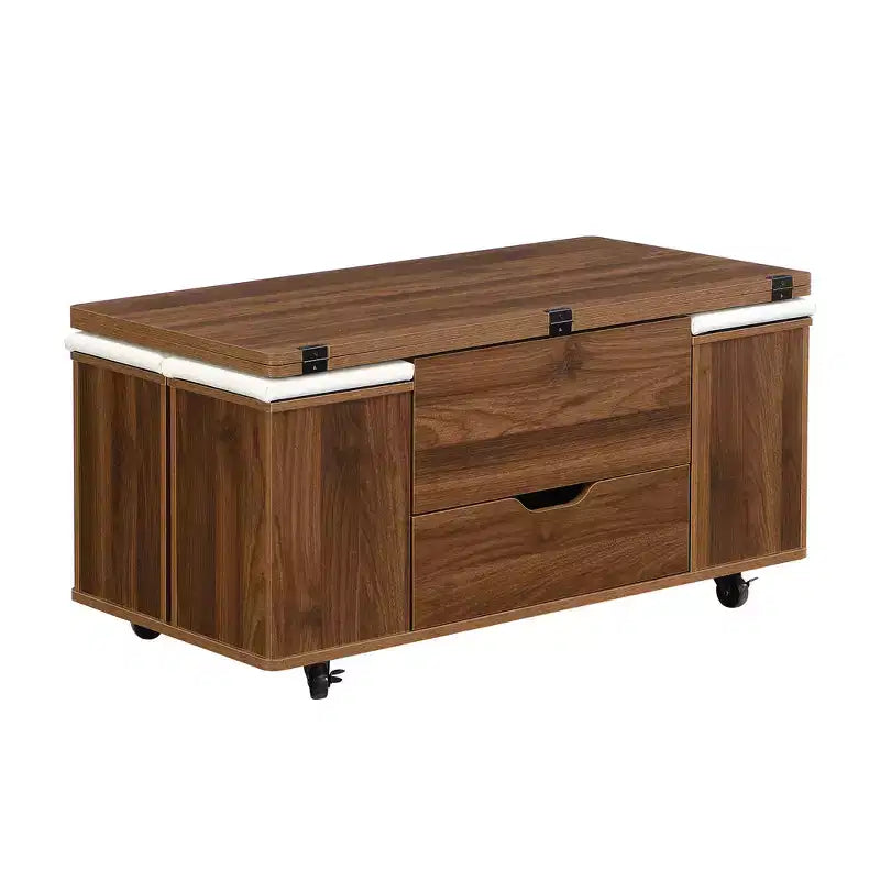 Table basse moderne multifonctionnelle relevable avec rangement dissimulé, 4 tabourets et roulettes, idéale pour les espaces de vie modernes