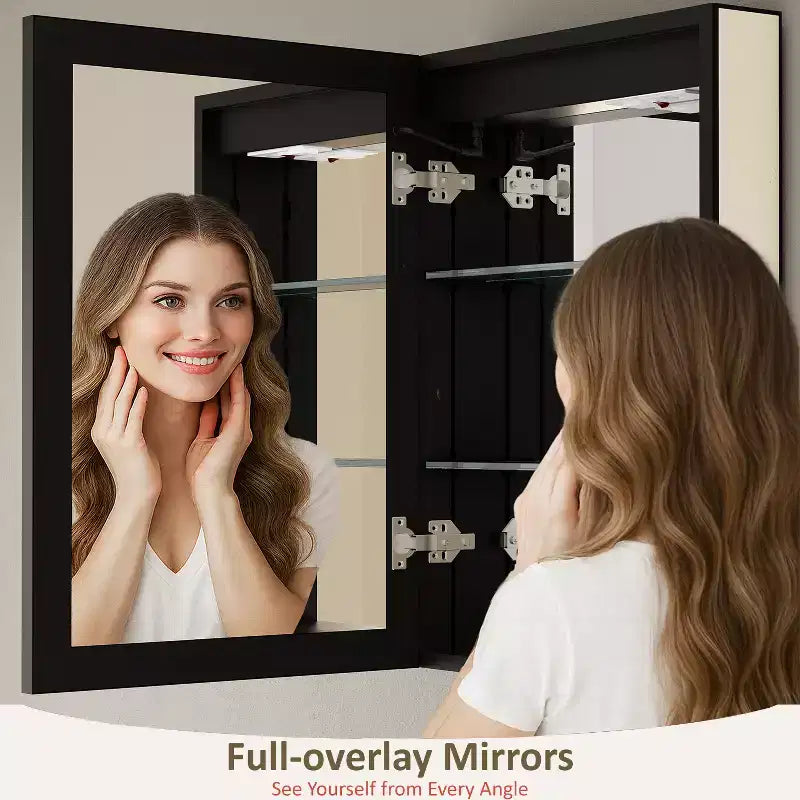 Bathroom Medicine Cabinet with LED Mirror, Surface or Recessed Mount, Dimmable Light, Anti-Fog, Adjustable Shelving