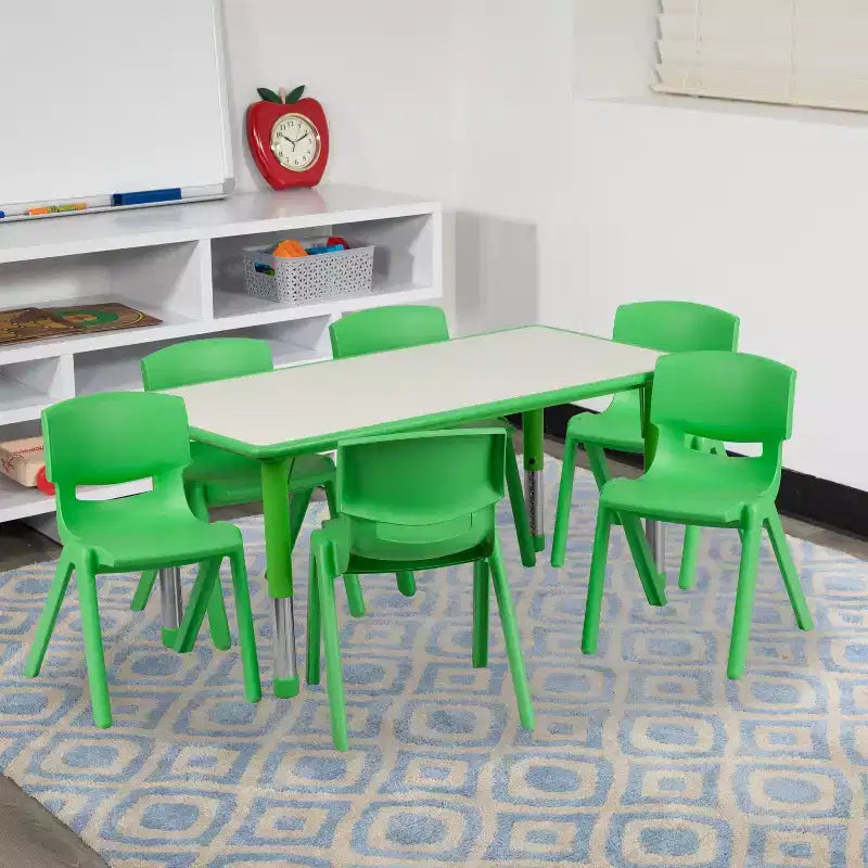 Emma and Oliver rechthoekige kunststof activiteitentafelset van 23,625W x 47,25L met verstelbare hoogte en 6 stoelen