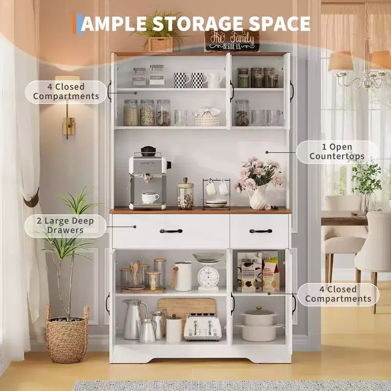 71 Kitchen Pantry Cabinet with Charging Station, Large Countertop, Microwave Stand & 2 Drawers,Hutch Storage for Dining & Living Room