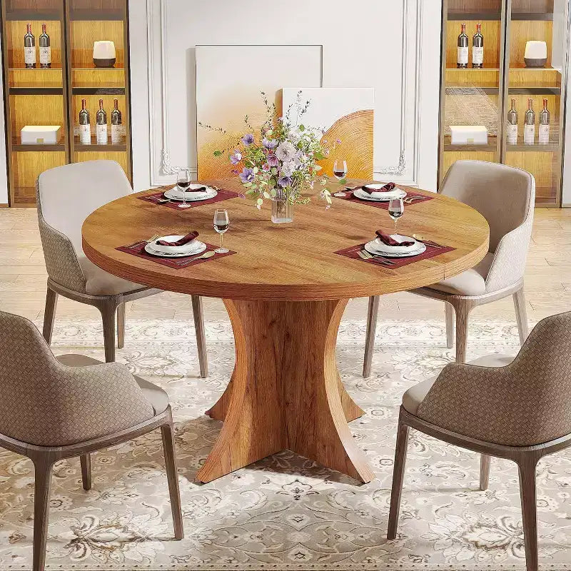 Lantine ronde eettafel van 47,24 inch voor 4-6 personen, landelijke keukentafel met voetstuk, kleine eettafel voor eetkamer en woonkamer, bruin