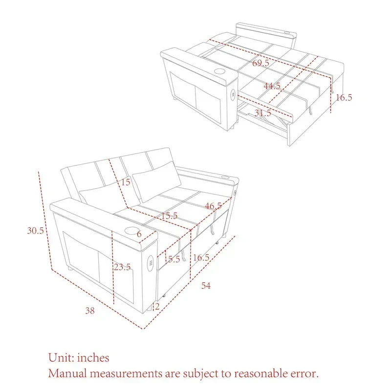 Sofa rozkładana 54, 2-osobowa sofa z funkcją spania i rozkładanymi fotelami, schowkiem, poduszką lędźwiową i gniazdem USB