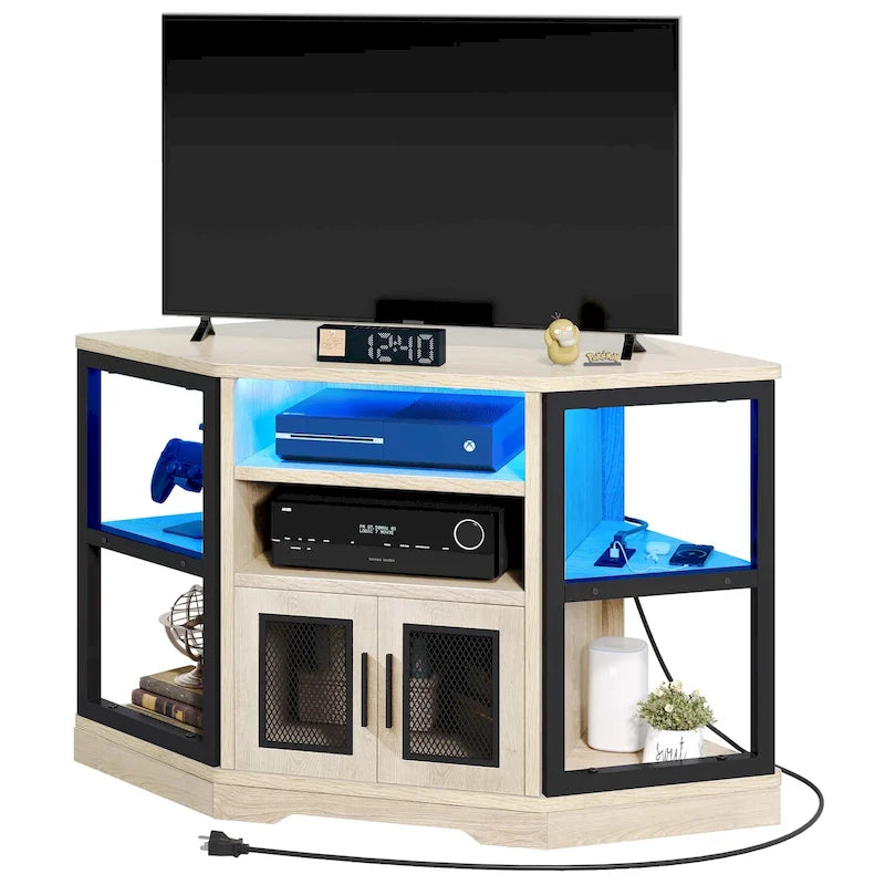 Meuble TV d’angle de style maison de campagne, centre de divertissement et console multimédia pour téléviseurs jusqu’à 55 po, avec prise électrique