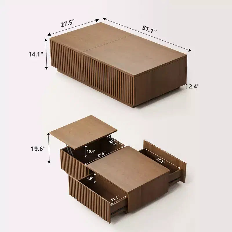 51,1 moderner Couchtisch im Mid-Century-Stil mit aufklappbarer Tischplatte, rechteckiger Walnuss-Mitteltisch für das Wohnzimmer