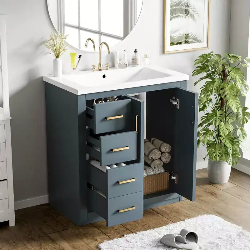 30 Single Sink Bathroom Vanity with Cabinet & 3 Drawers 鈥?Black / Blue / Green / Indigo / White