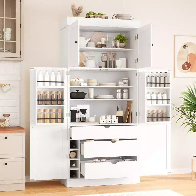 77H Freestanding Kitchen Pantry, Farmhouse Storage Cabinet with Adjustable Shelves, Door Shelves, Drawers & Wine Racks - ModernLuxe