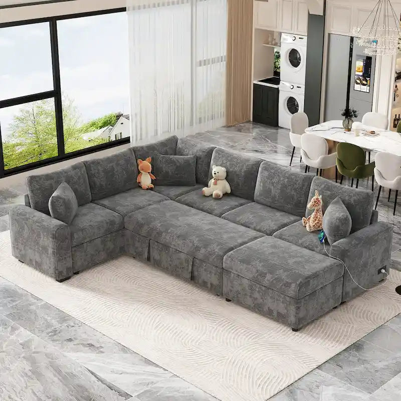 Chenille Sectional Sofa Pull-out Sofa Bed, L-Shape Sleeper Sofa with Storage Ottoman, 3 Pillows and Charging Devices