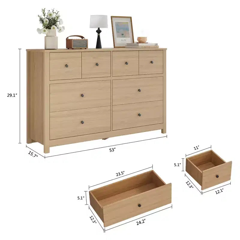 Moderner Kommodenschrank mit 8 Schubladen für das Schlafzimmer, breite Holzkommode mit tiefem Stauraum, freistehender Organizer-Schrank für das Wohnzimmer