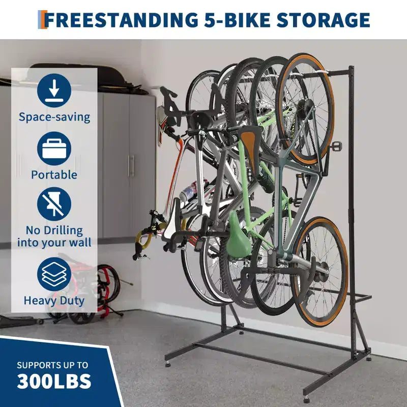 Freestanding 5-Bike Storage Rack with 300 Lbs Heavy Duty Capacity, Sturdy Organizer for Safe and Stable Bike Holding for Front Yards, Backyards