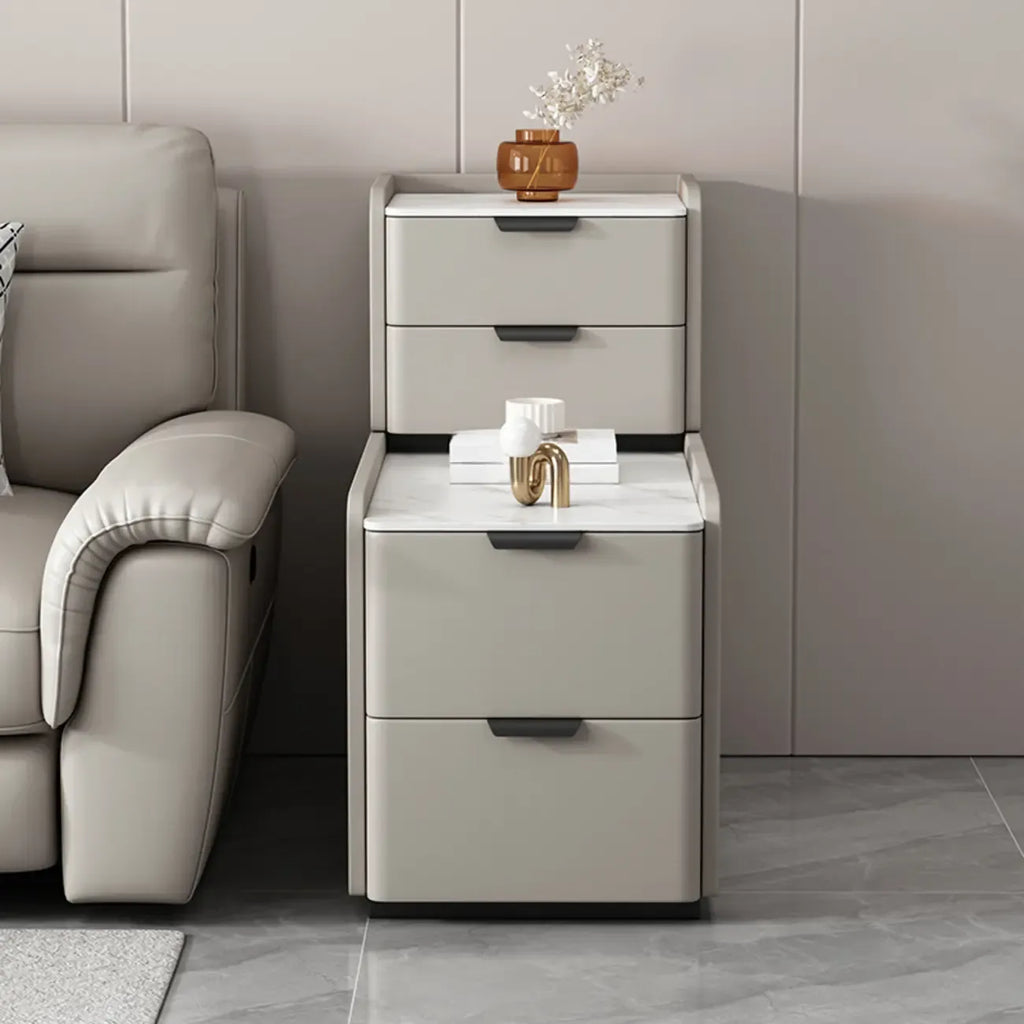 Tavolino laterale alto per divano, in legno a forma di L, con 4 cassetti e piano effetto pietra