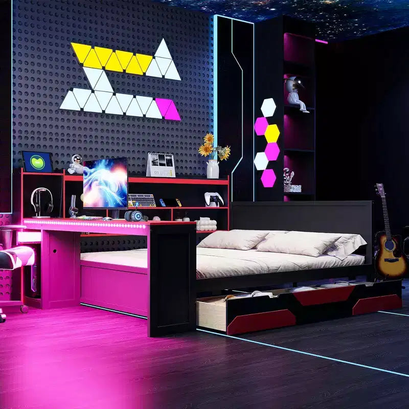 Full/Queen Gaming Daybed with Bookcase Headboard, LED Lights, Integrated Desk, Drawers and Charging Station