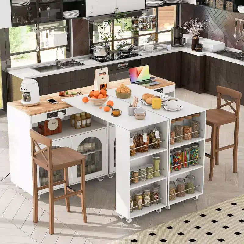 Isola da cucina su ruote con 2 ante in vetro, carrello da cucina con tavolo allungabile e prese elettriche, isola da cucina con ripiani laterali aperti