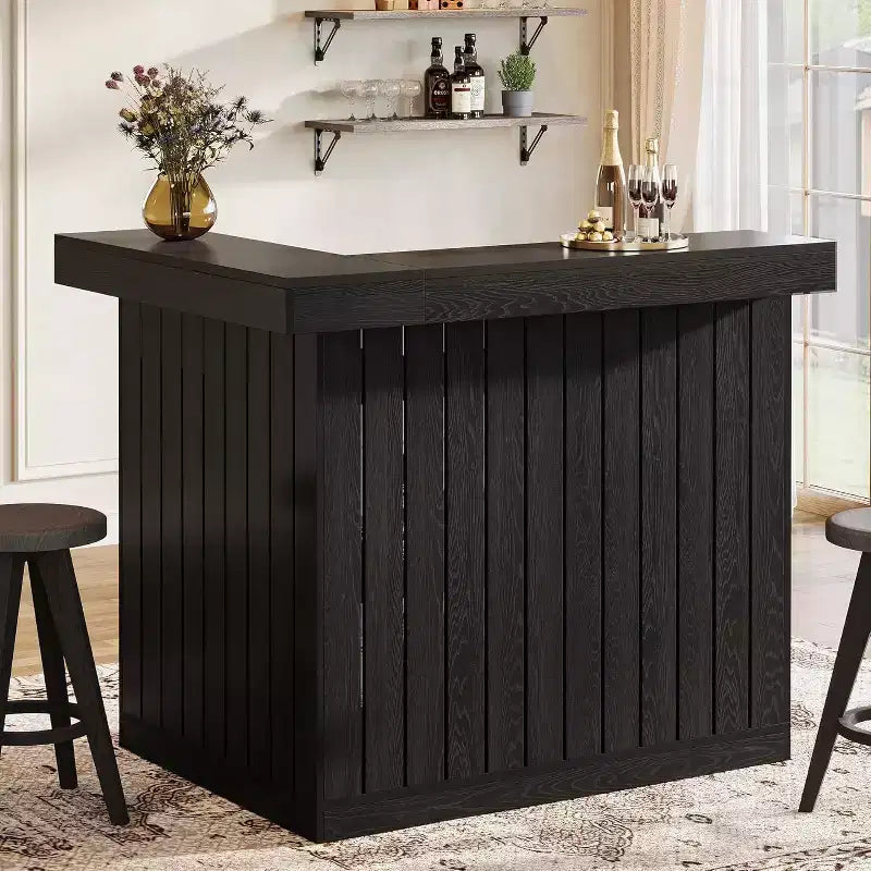 Lantine L-vormige thuisbar, hoekbar met 4 niveaus, dranktafel met opbergplanken en wijnglashouder voor de thuisbar
